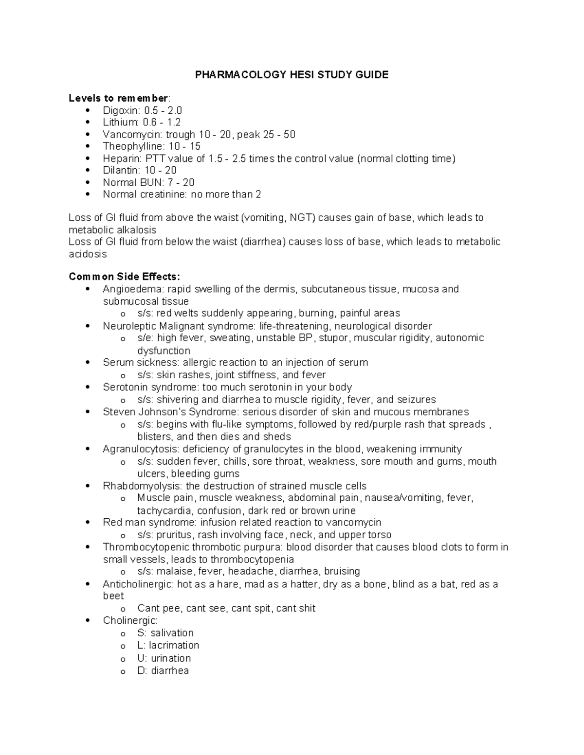 Pharm HESI Study Guide: Key Drug Levels & Side Effects - Studocu