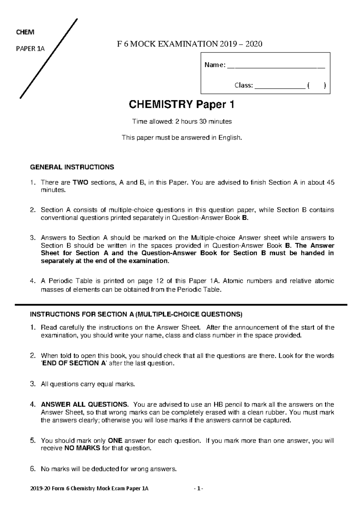 F6 CHEMISTRY Mock Exam Paper 1A 2019-2020 - Studocu