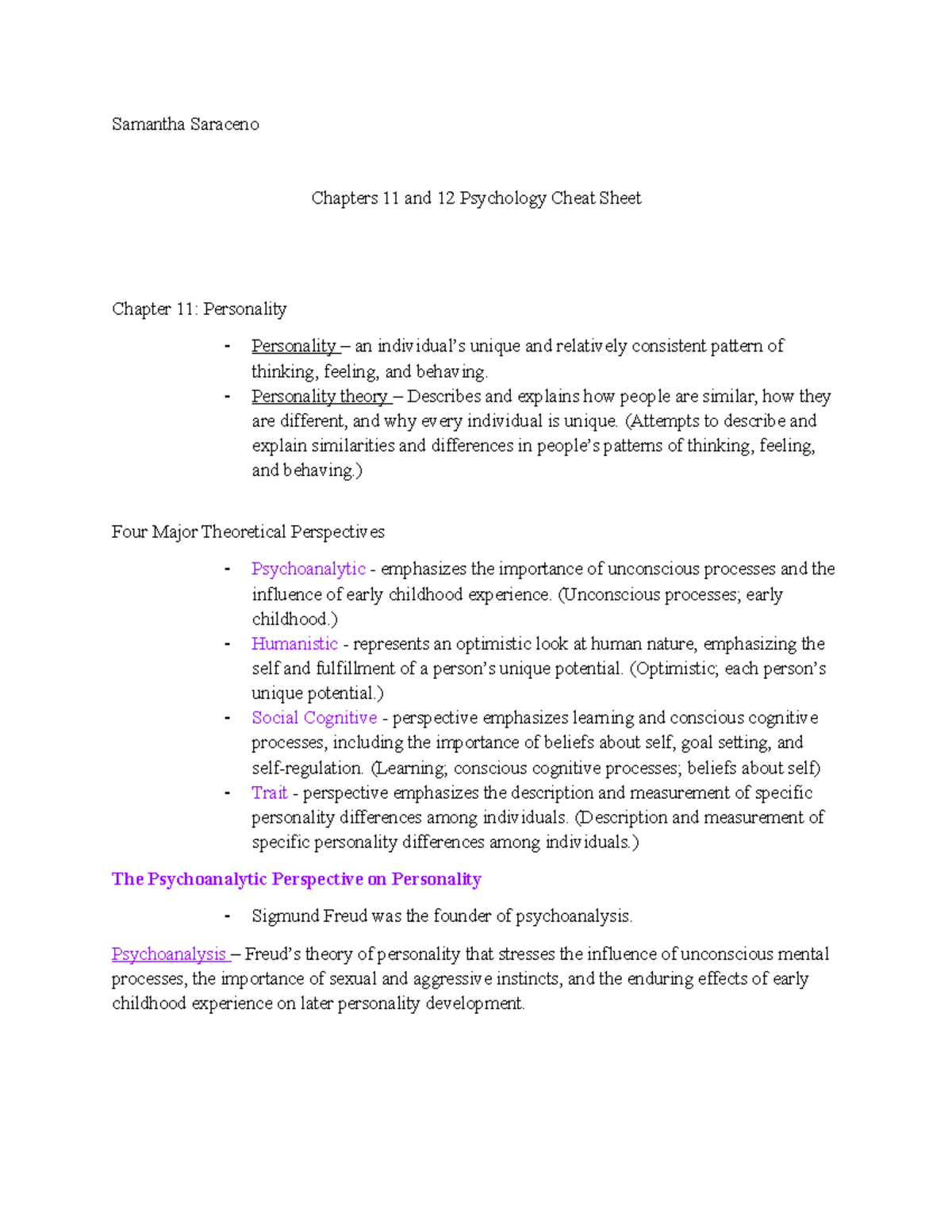 Psychology PSY 301 Exam 3: Personality Theories Overview and Cheat ...