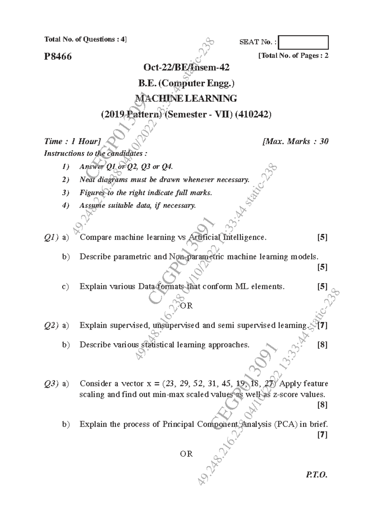B.E. (Computer Engg.) Machine Learning Insem Exam (2019 Pattern ...