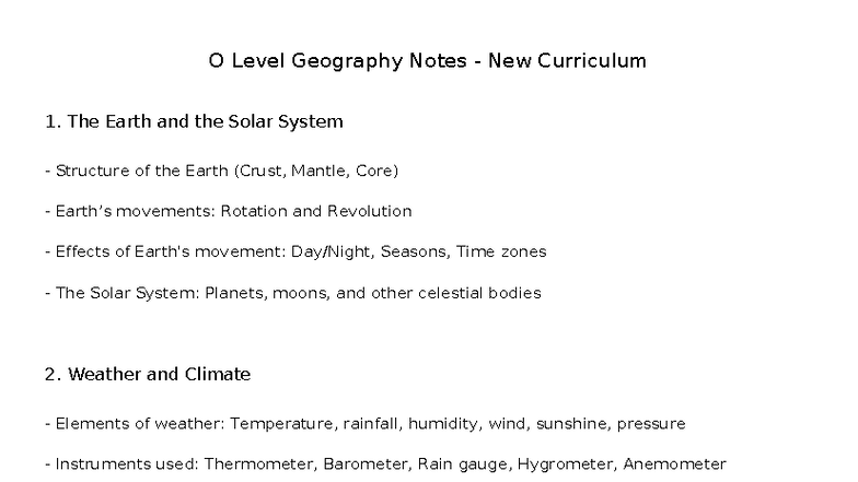 O Level Geography Notes: Earth, Weather, and Map Skills - Studocu