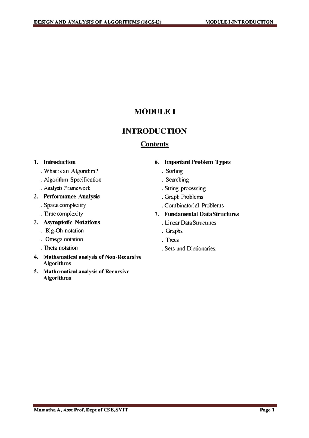DESIGN AND ANALYSIS OF ALGORITHMS (18CS42) MODULE I: INTRODUCTION ...