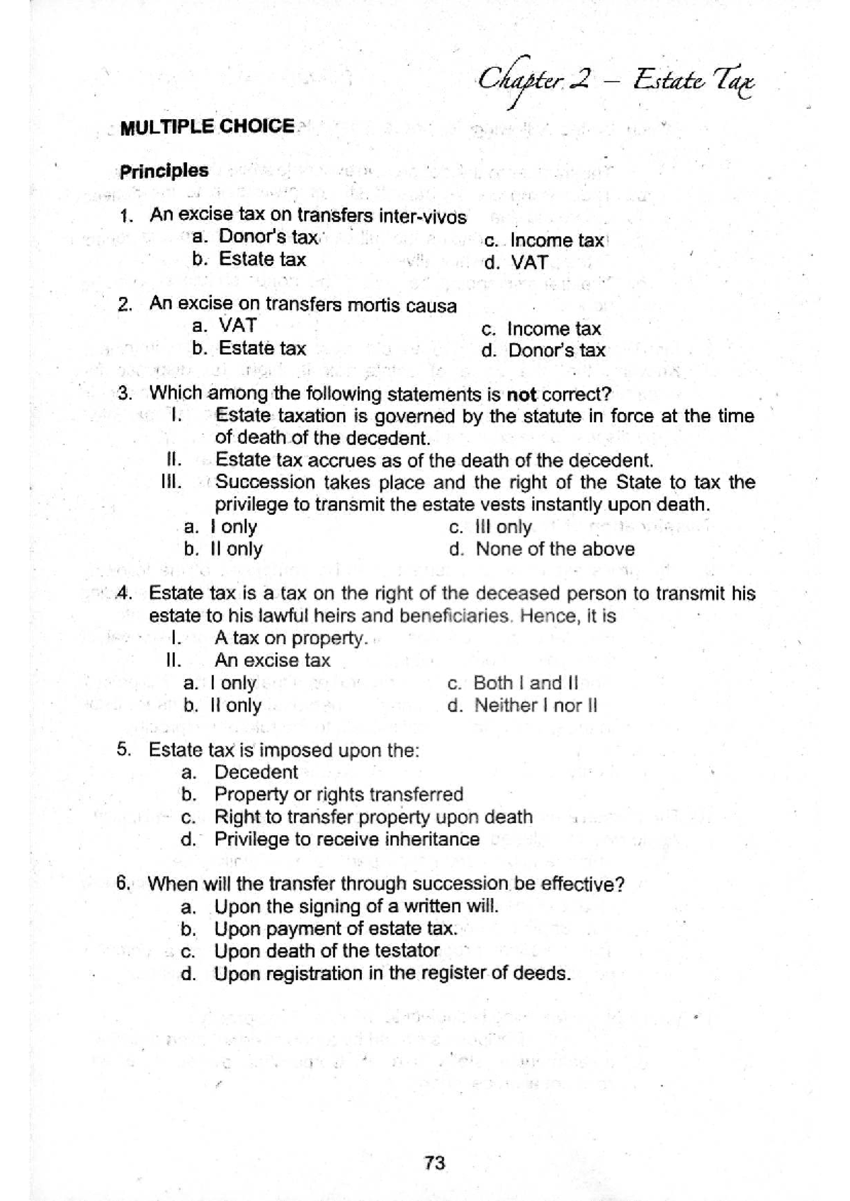 Chapter 2 Estate Tax: Multiple Choice Exercises for Principles - Studocu