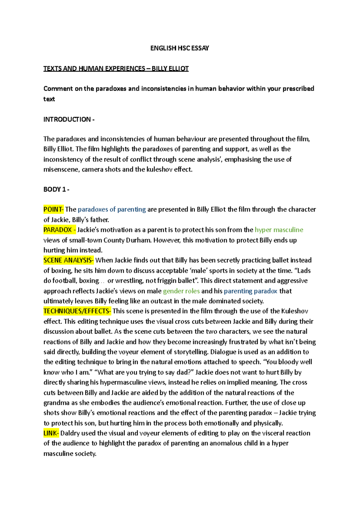 Billy Elliot Essay Notes - Paradoxes & Inconsistencies in HSC Texts ...