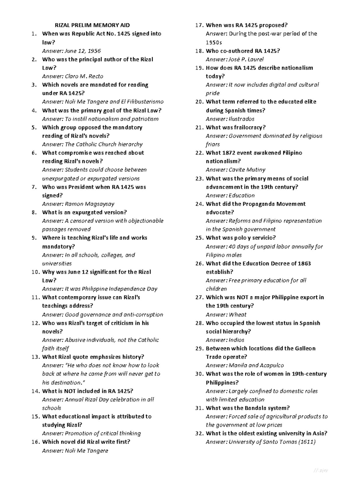 RIZAL PRELIM MEMORY AID: Key Facts on RA 1425 and Rizal's Life - Studocu