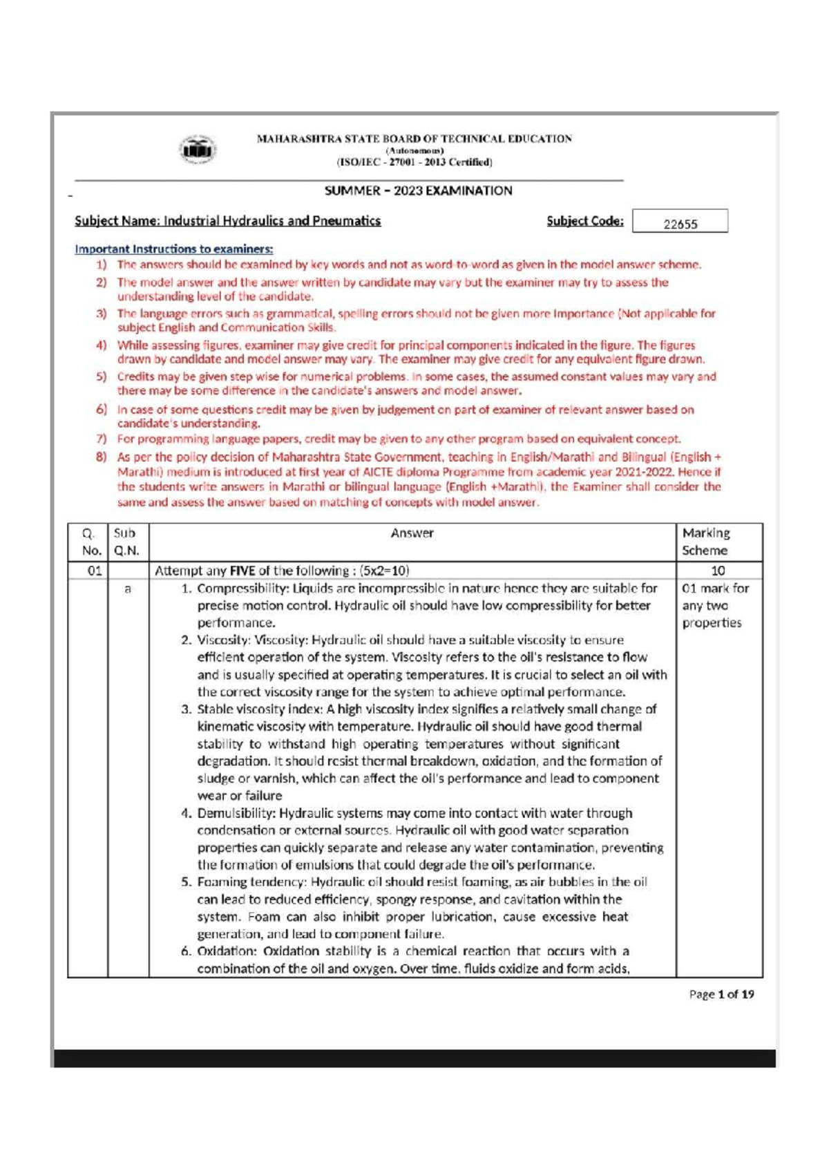 Ihp 22655 SUMMER 2023 Model Answer Paper for Industrial Hydraulics ...