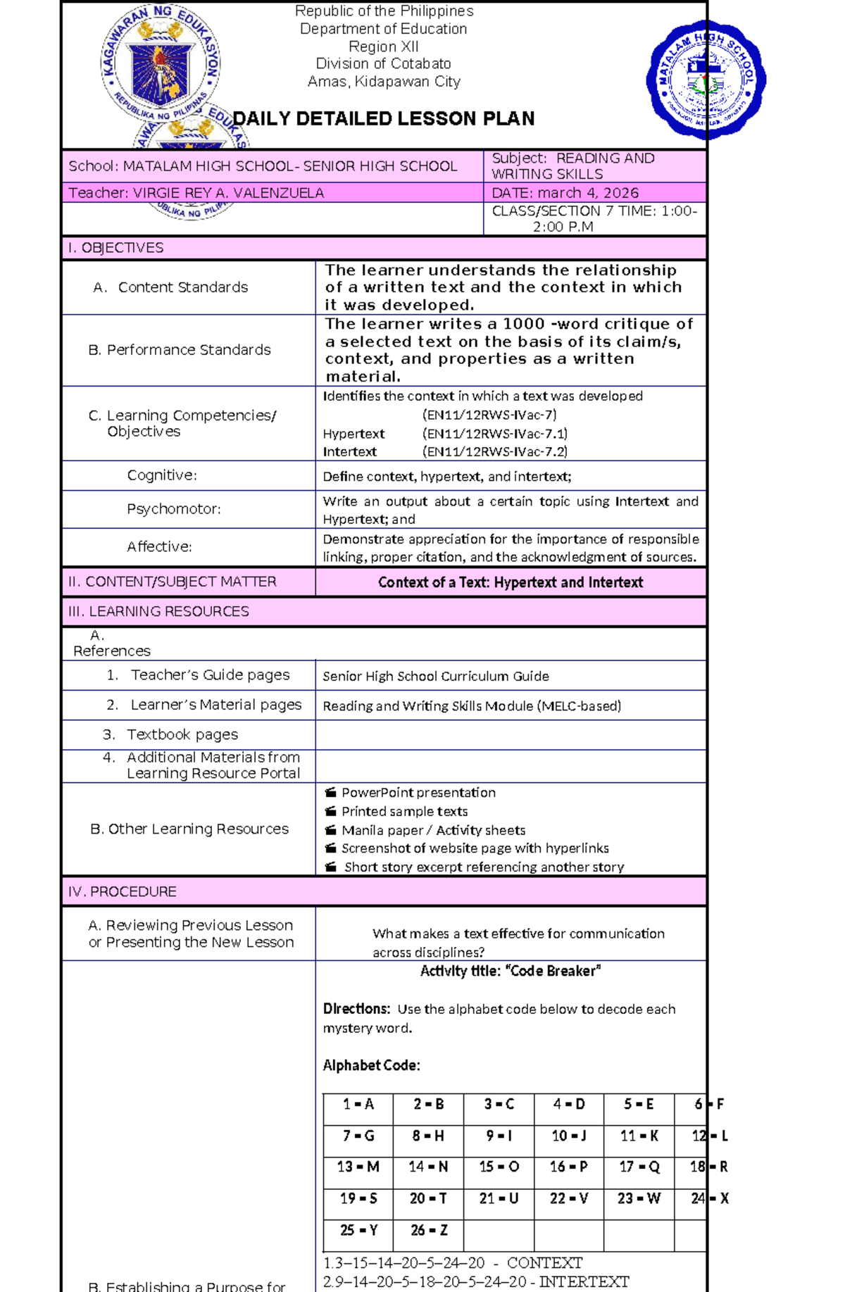 DLP: Detailed Lesson Plan for Reading and Writing Skills (SHS) - Studocu