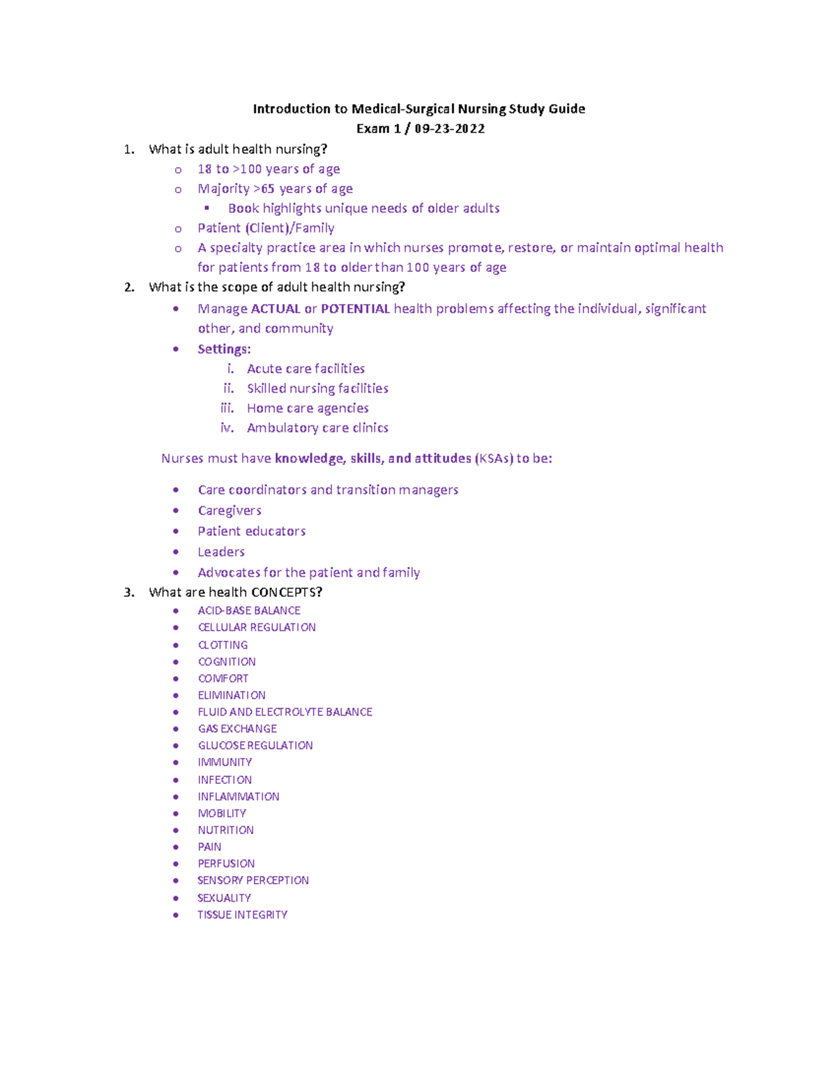 NU 300 Medical-Surgical Nursing Exam 1 Study Guide Overview - Studocu