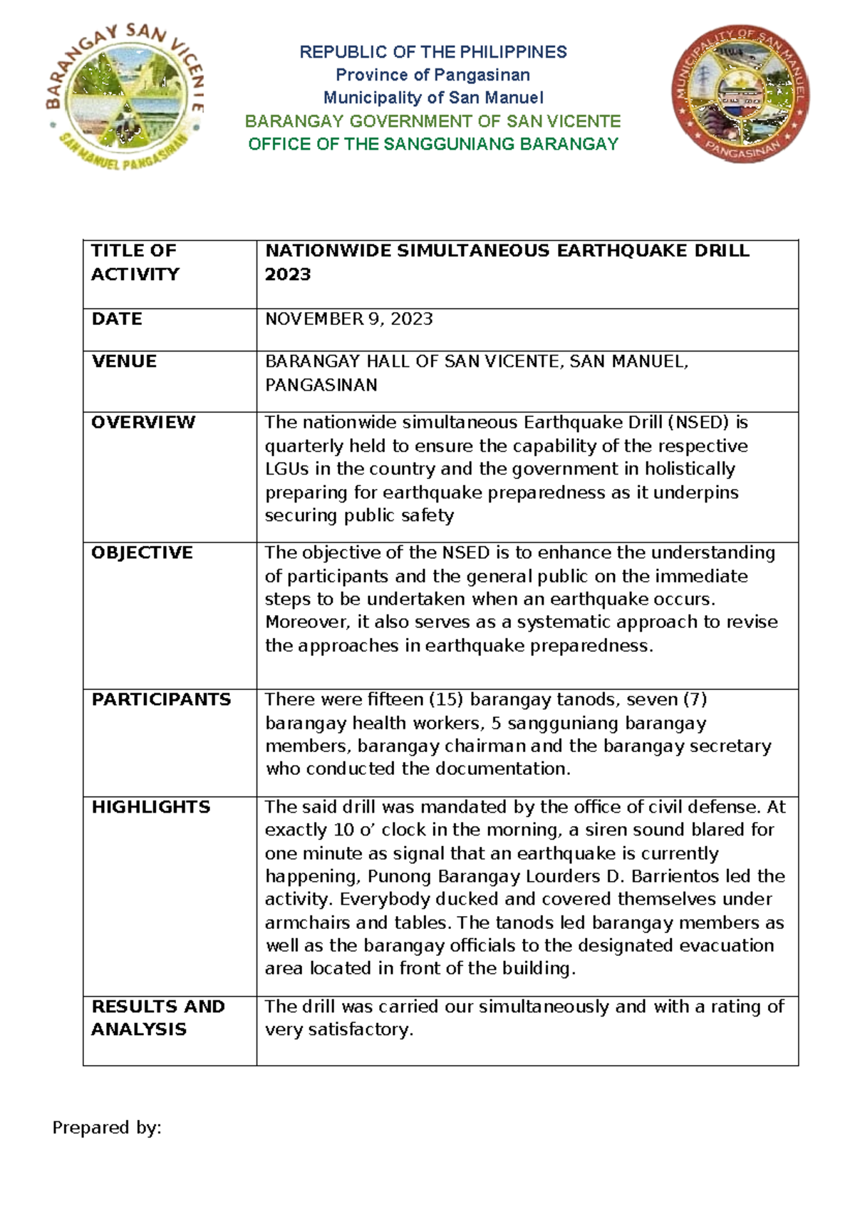 POST Activity Report: Nationwide Earthquake Drill 2023, San Vicente ...