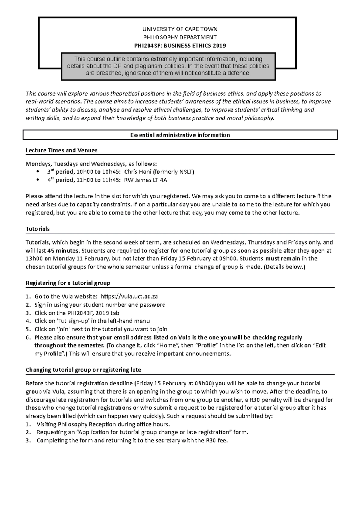 PHI2043S 2025 Course Outline: Business Ethics Overview - Studocu