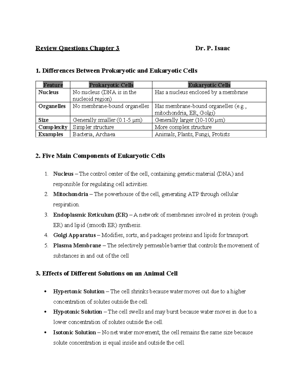 Review Questions for Chapter 3: Cell Structure and Function (BIO 101 ...