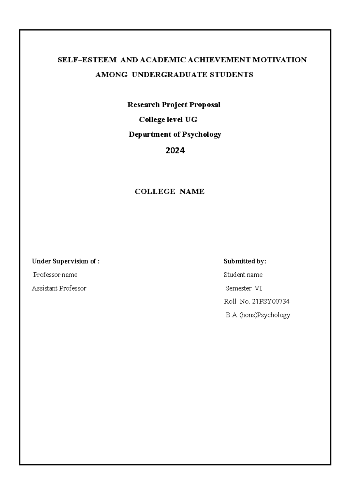 Research Proposal: Self-Esteem and Academic Achievement Motivation ...