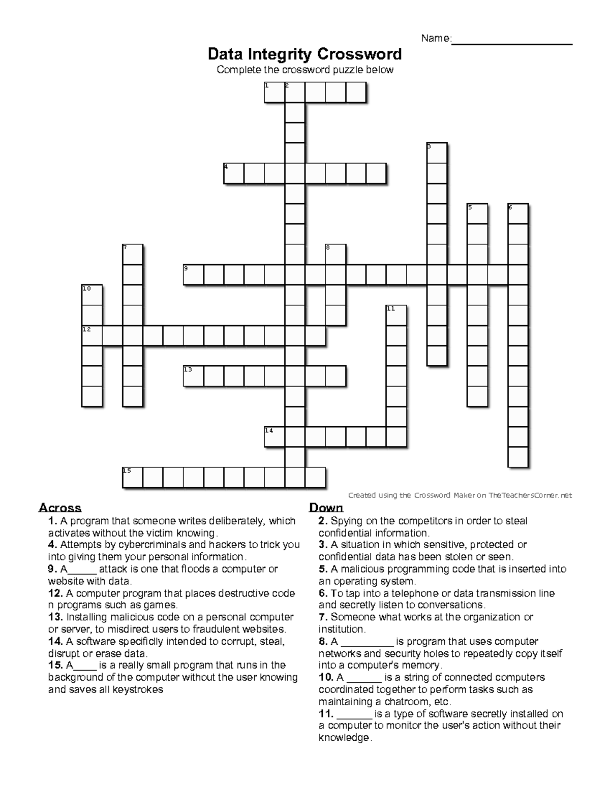 Data Integrity Crossword Puzzle: Cybersecurity Terms - Studocu