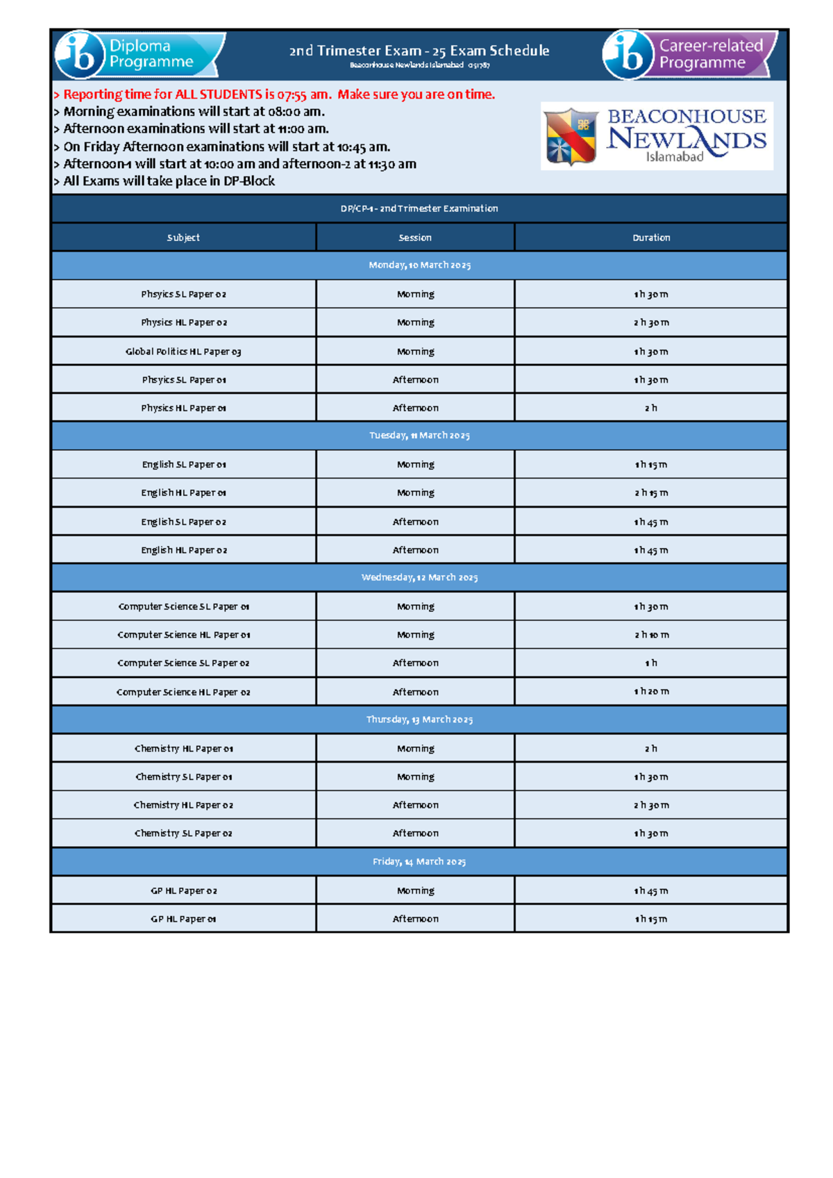 DP CP 1 March Exam 2025 Schedule - Subject Session Duration Phsyics SL ...