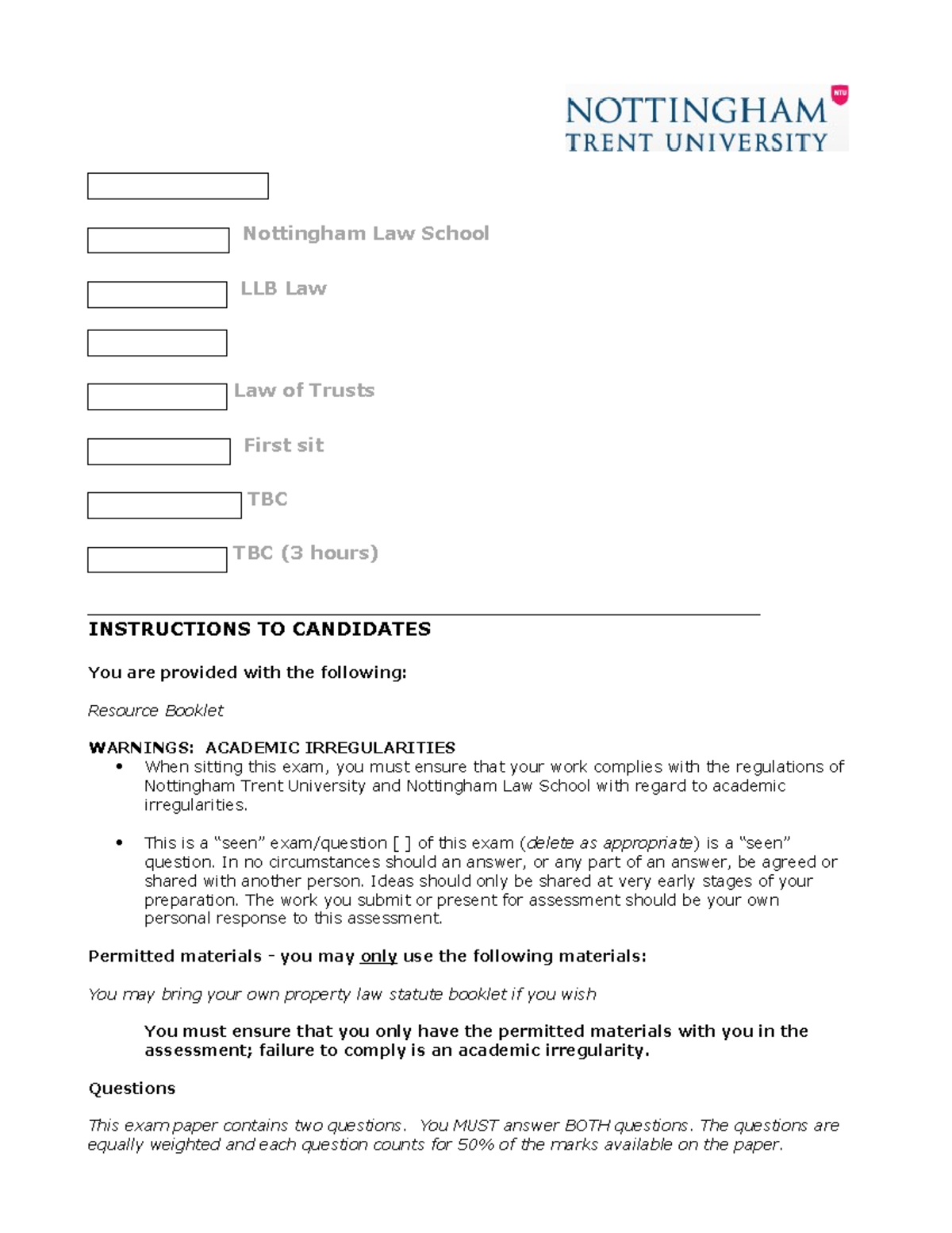 Trusts Exam Specimen Paper 1 - Nottingham Law School LLB - Studocu