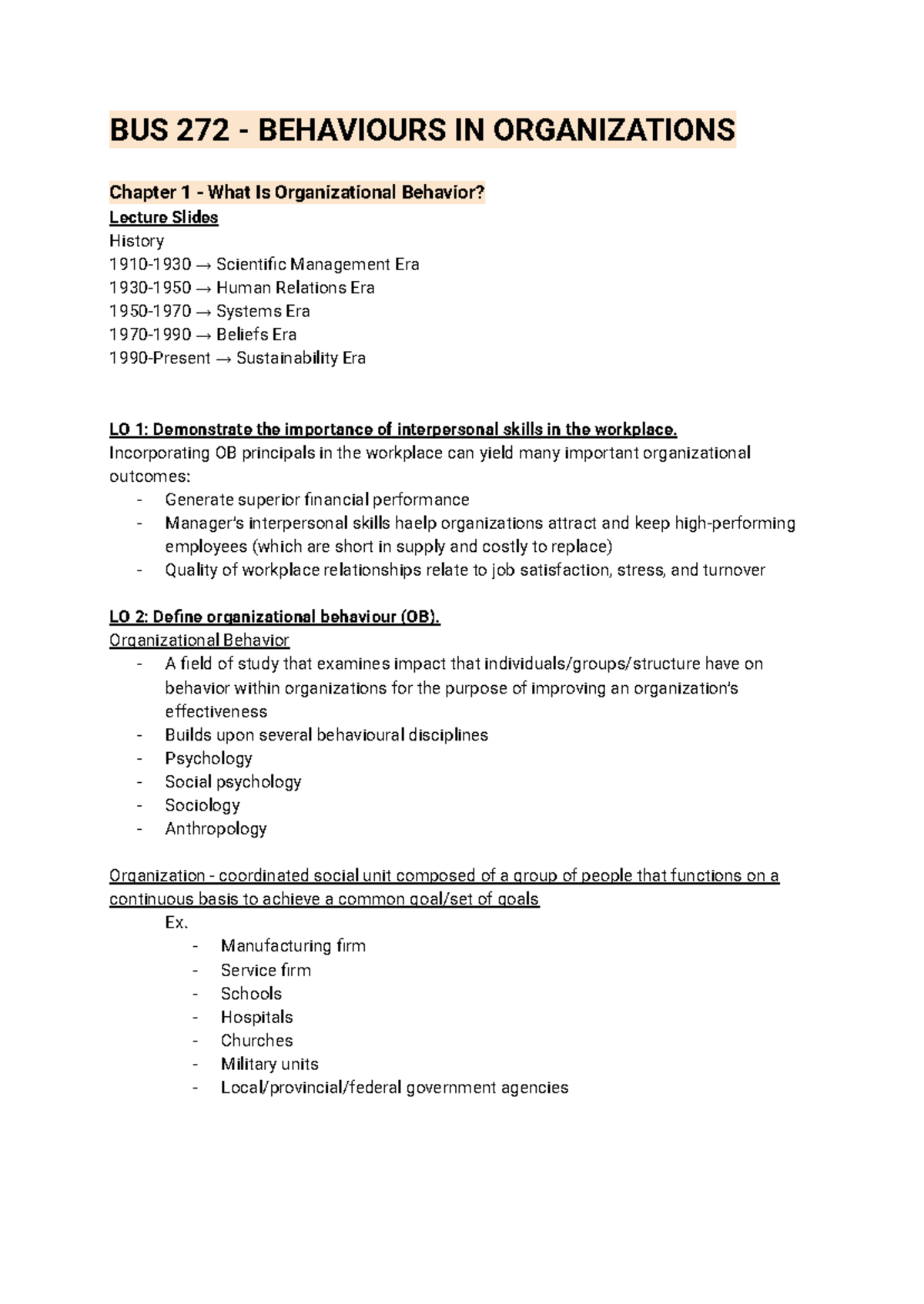 BUS 272 - Lecture Notes on Organizational Behavior: Key Concepts and ...
