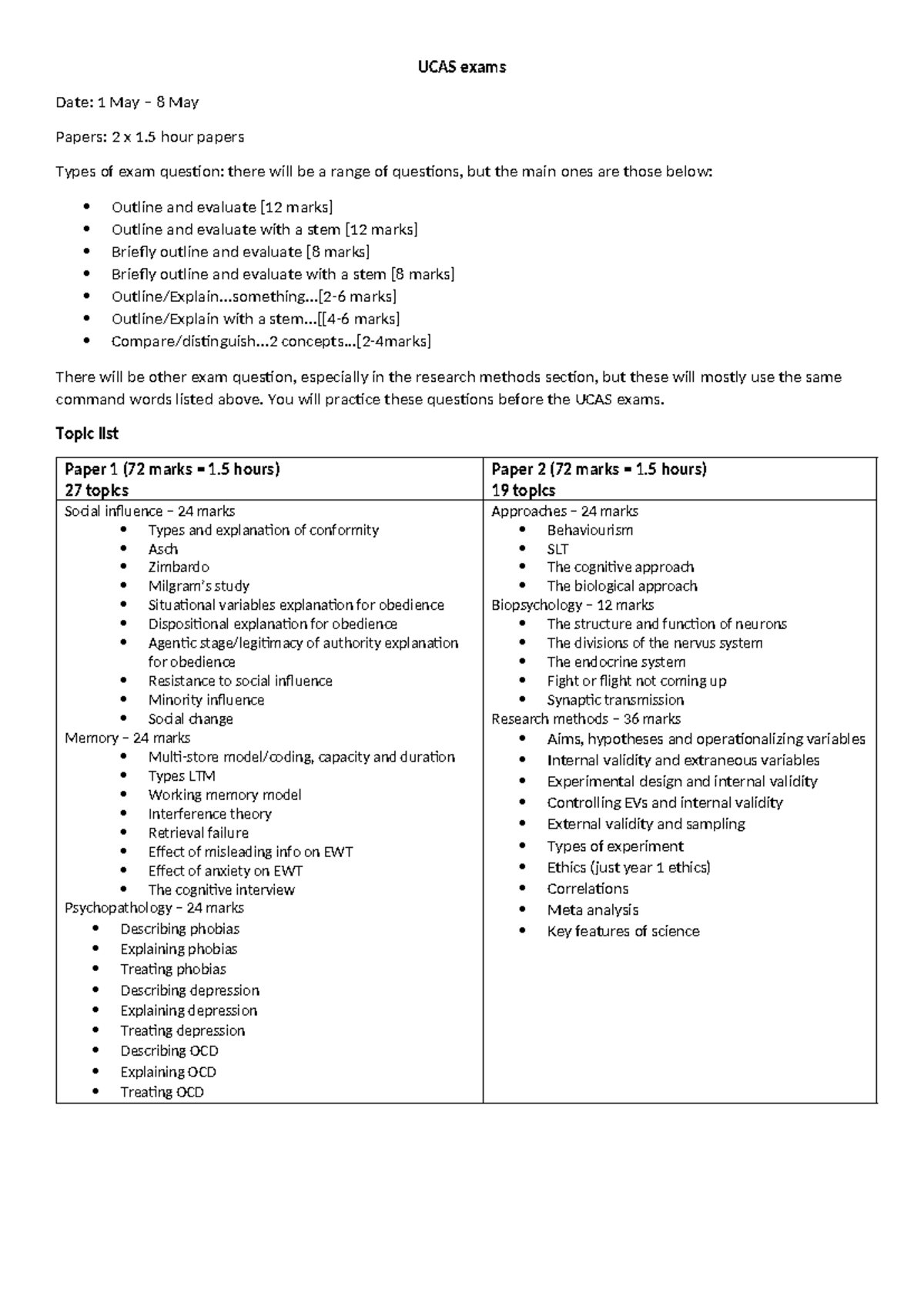 UCAS Exam Topics Overview: Key Areas for May 1-8 Papers - Studocu