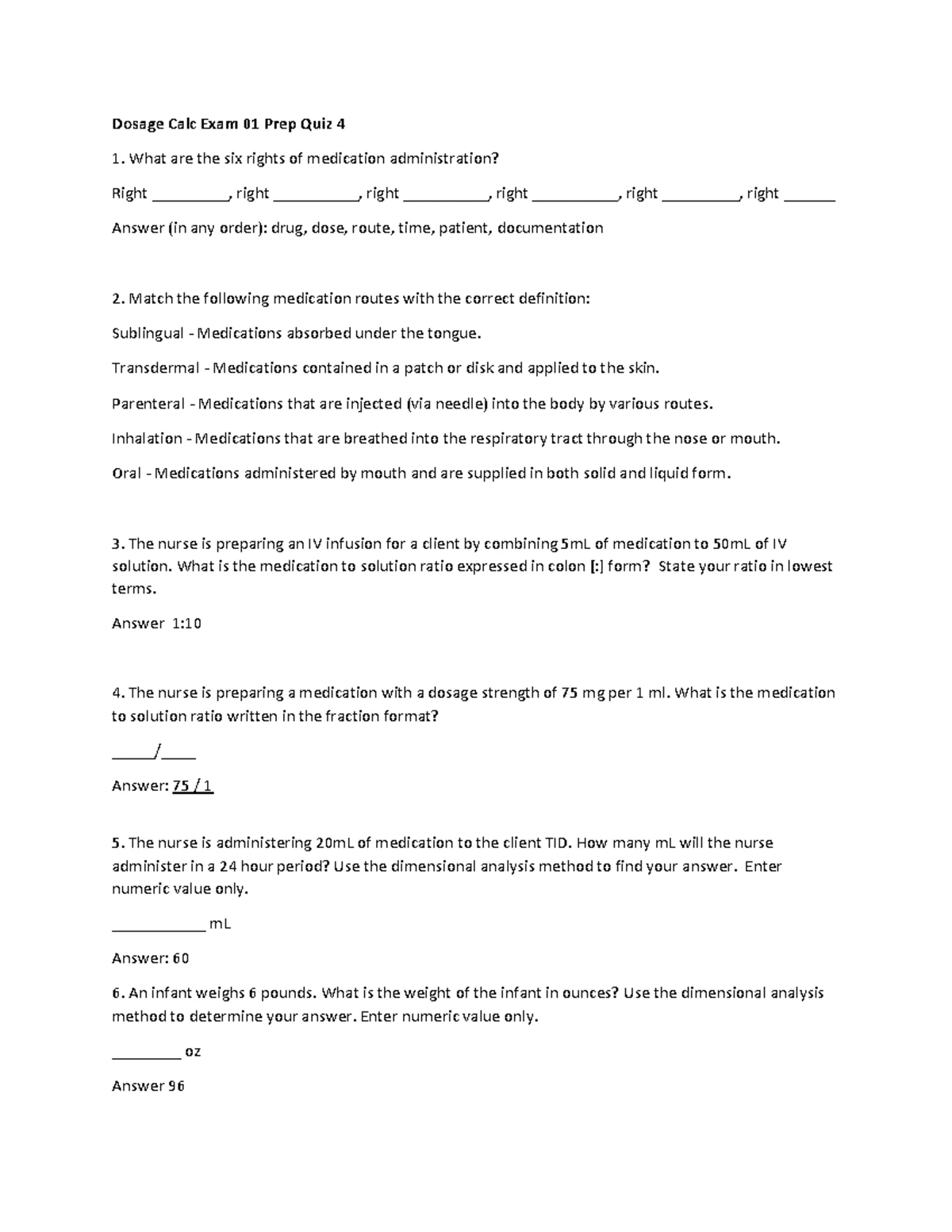 Dosage Calculation Exam 01 Prep Quiz 1 - Dosage Calc Exam 01 Prep Quiz ...
