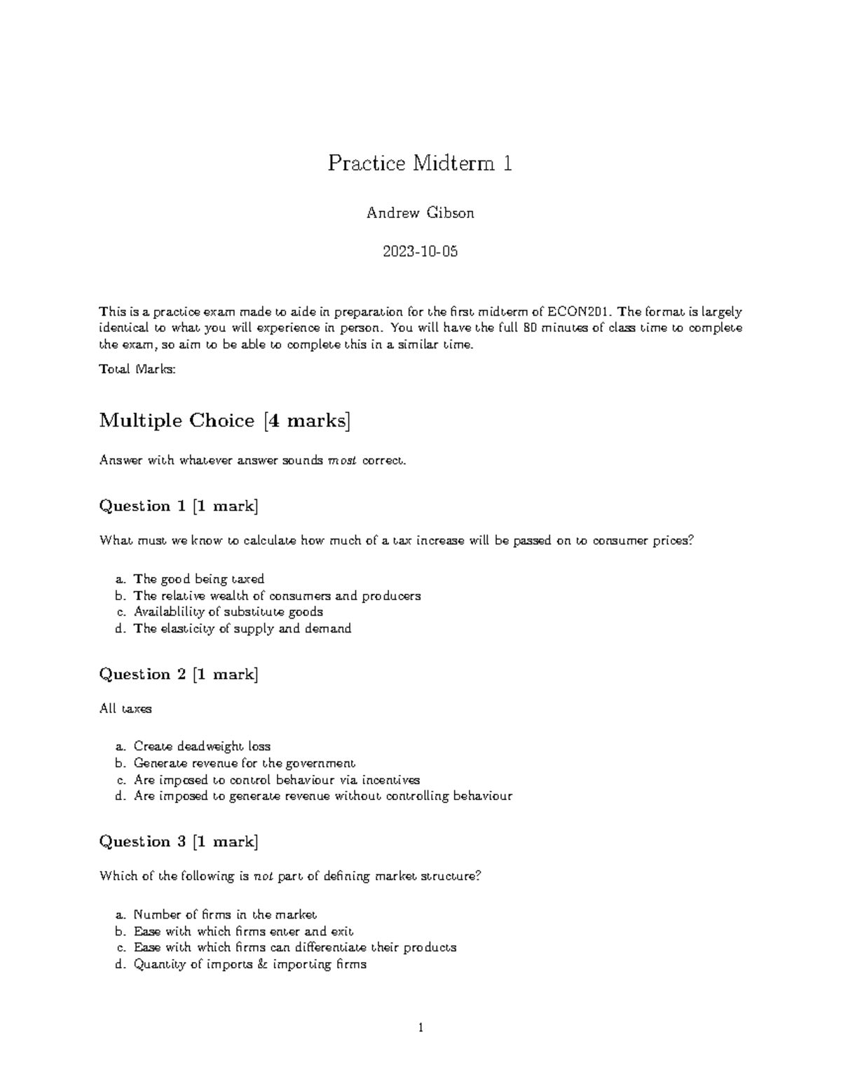 Practice Midterm 1 for ECON201: Preparation Exam by Andrew Gibson - Studocu