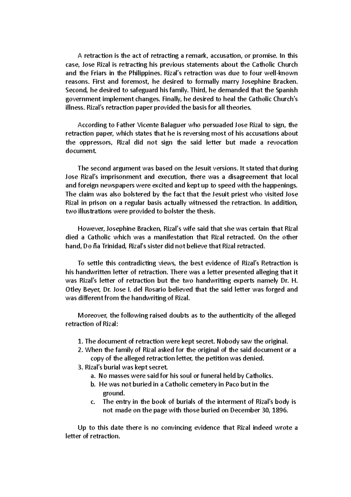 Rizal's Retraction: An Analysis of Authenticity and Controversy - Studocu