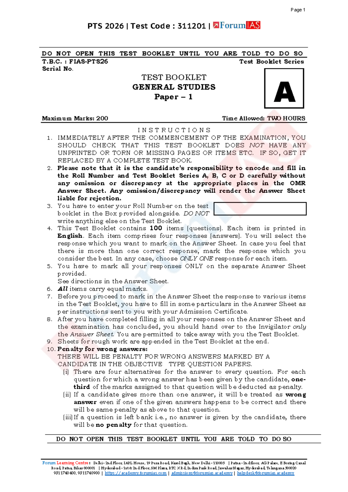 PTS 2026 General Studies Test 1 - Code 311201 Question Paper - Studocu