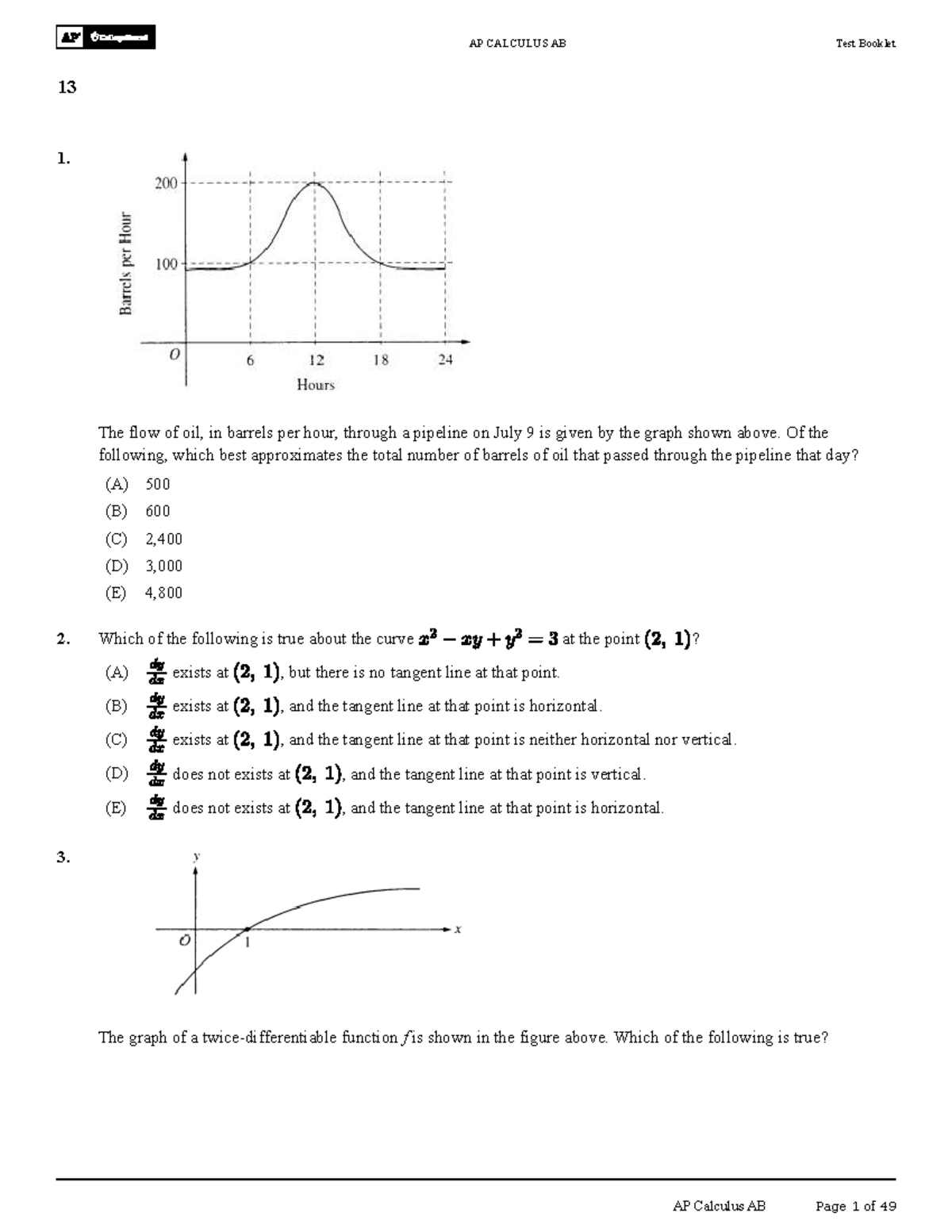 AP CALCULUS AB Practice Questions Test Booklet 13 - Studocu