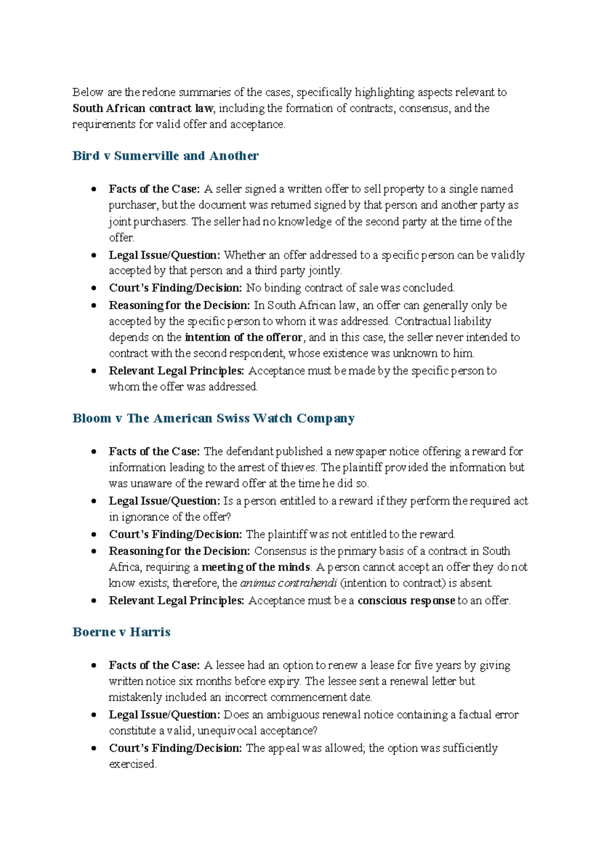 Offer and Acceptance Case Summaries in South African Contract Law - Studocu