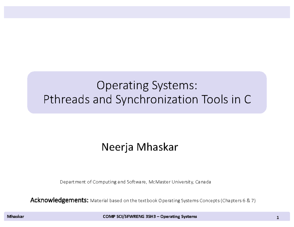 Pthreads and Synchronization Tools in C - COMP 3SH3 Lecture Notes - Studocu