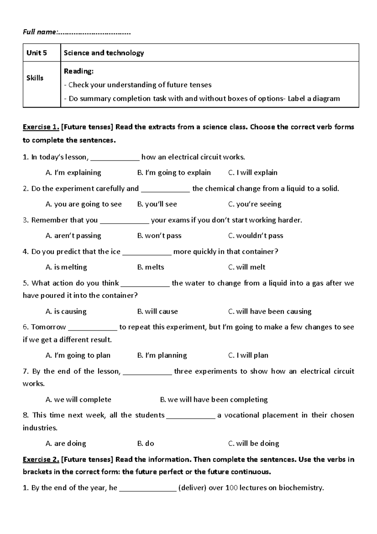 U5. Science and Technology - Future Tenses Reading Practice - Studocu