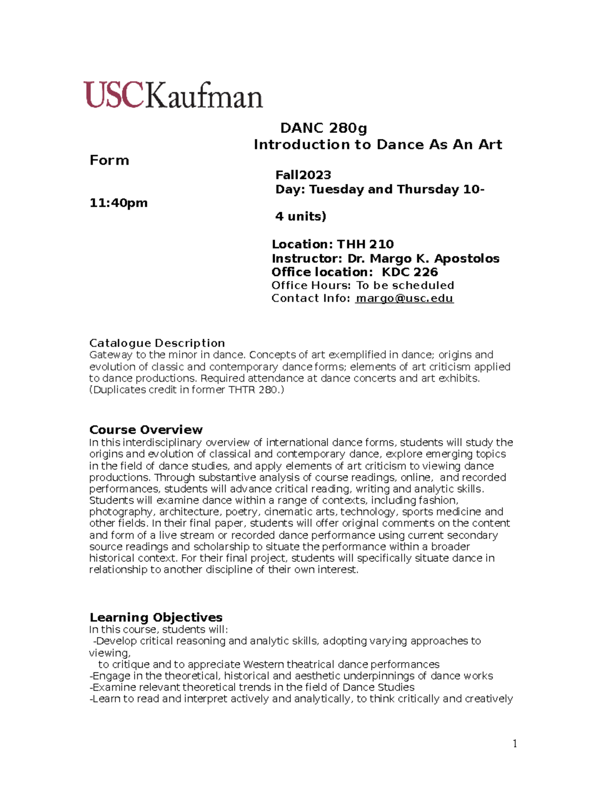 DANC280 Fall 2023 - Syllabus for Introduction to Dance As An Art - Studocu