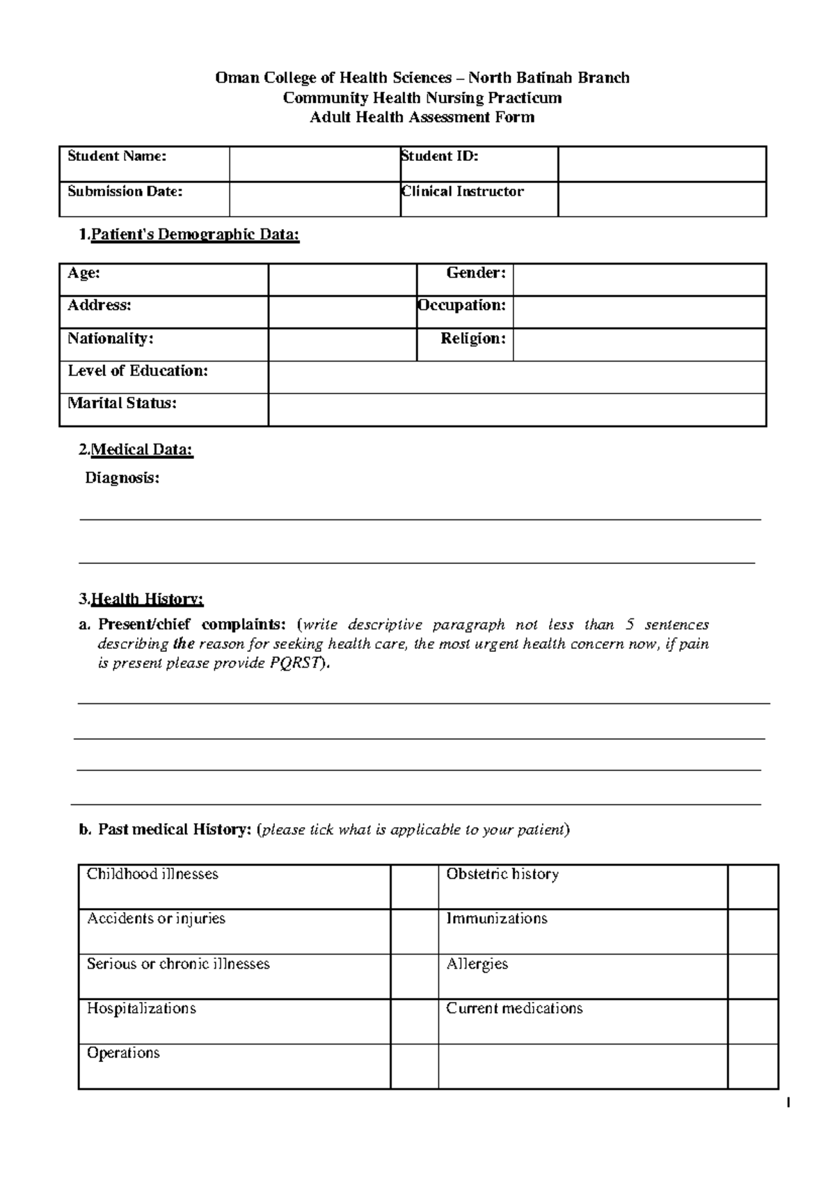 Adult Health Assessment Form (Nursing Practicum) - Studocu