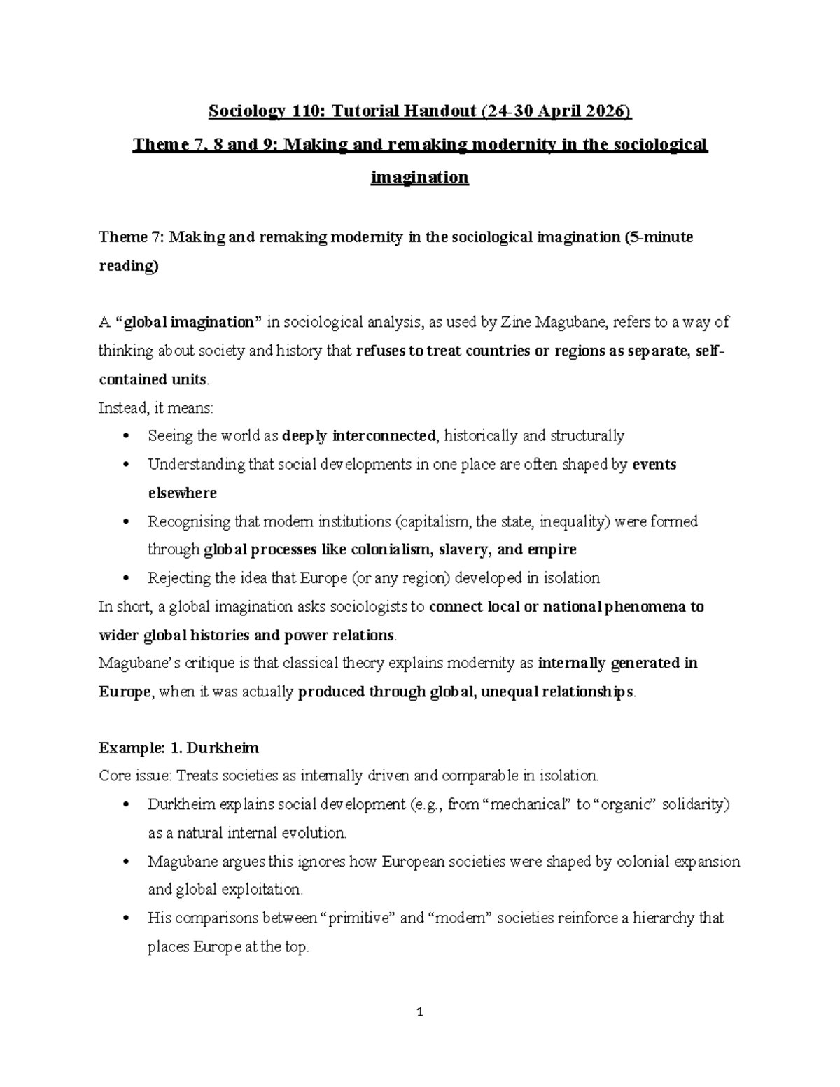 Sociology 110: Tutorial Handout on Modernity Themes (April 2026) - Studocu