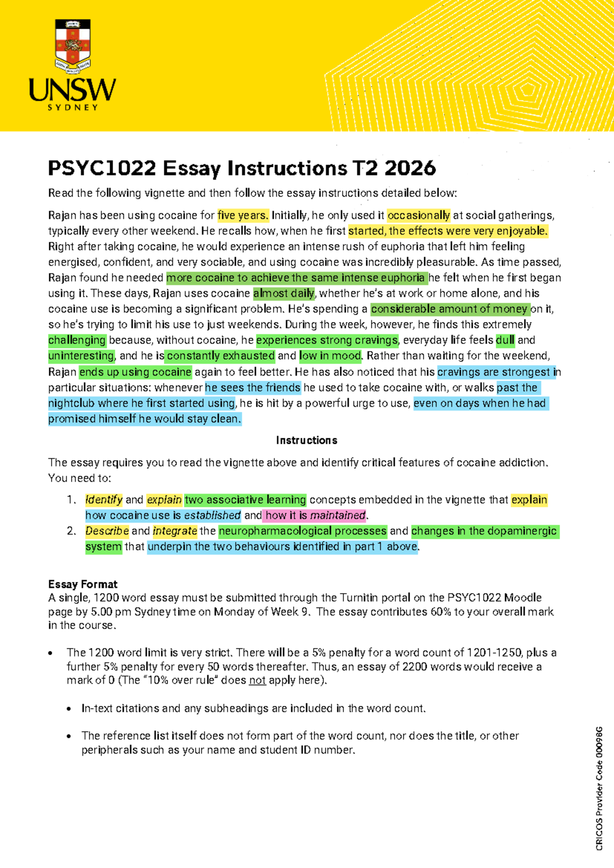 PSYC1022 Essay Instructions: Understanding Cocaine Addiction - Studocu