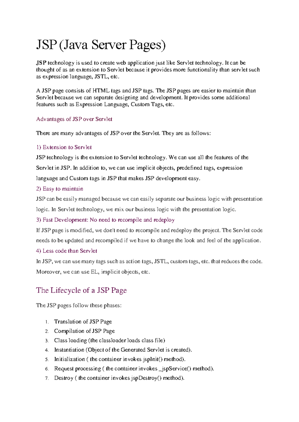 JSP Notes (Java Server Pages) - Key Concepts & Examples - Studocu