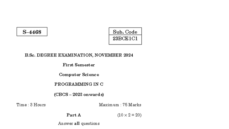 B.Sc. Computer Science 2024 Nov. Exam: Programming in C, Digital Logic ...