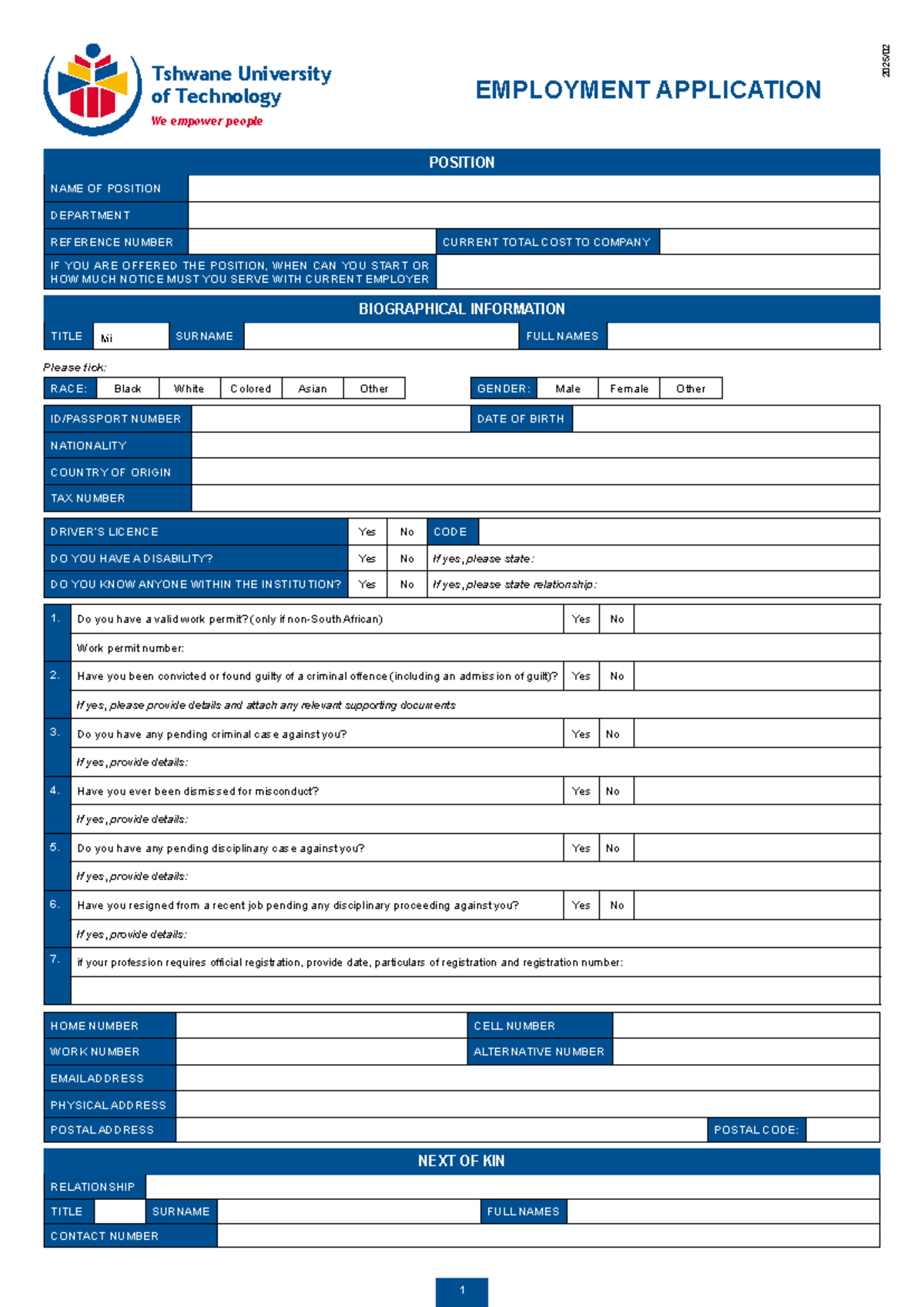 TUT Employment Application Form - Position Details & Biographical Info ...