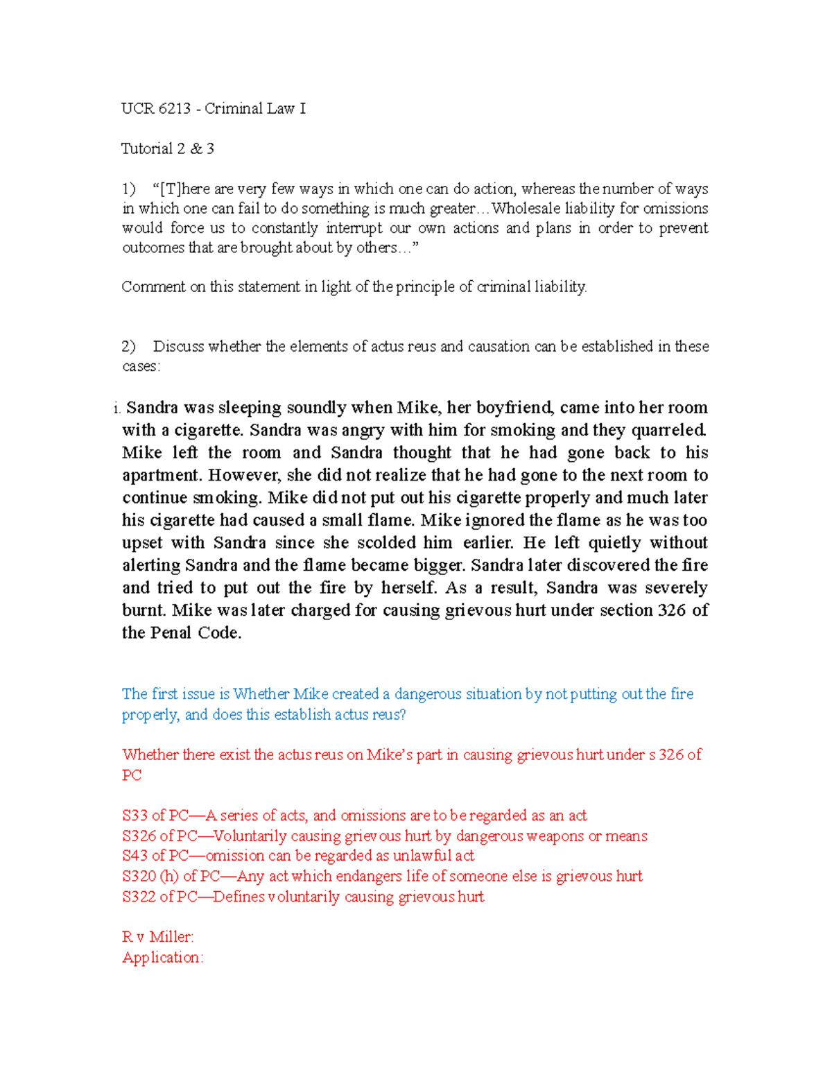 UCR 6213 Criminal Law I Tutorial 2: Actus Reus and Causation Analysis ...