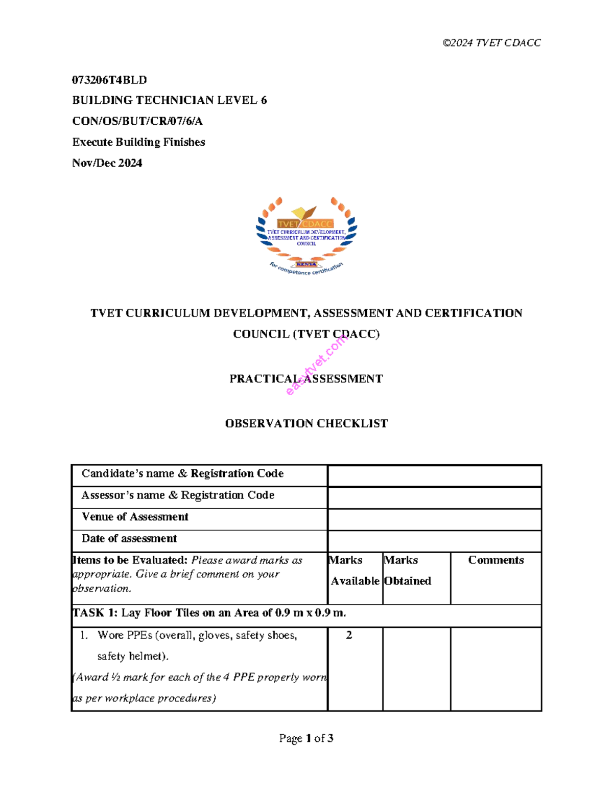 TVET CDACC 073206T4BLD Level 6 Practical Assessment Checklist 2024 ...