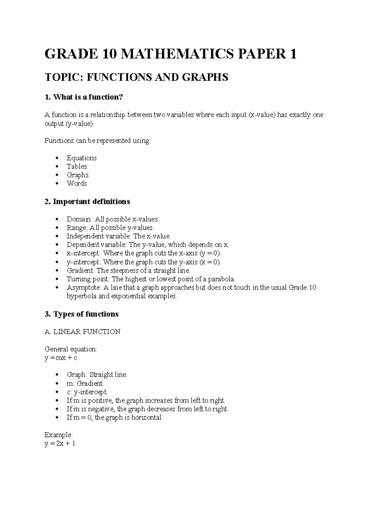 Grade 10 Mathematics Paper 1: Functions and Graphs Notes - Studocu