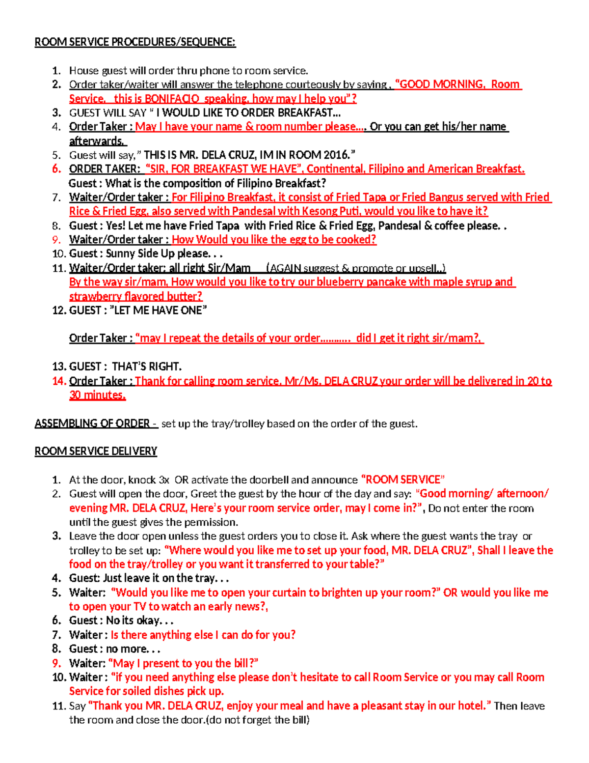 ROOM SERVICE Procedures (Student Copy) - Studocu