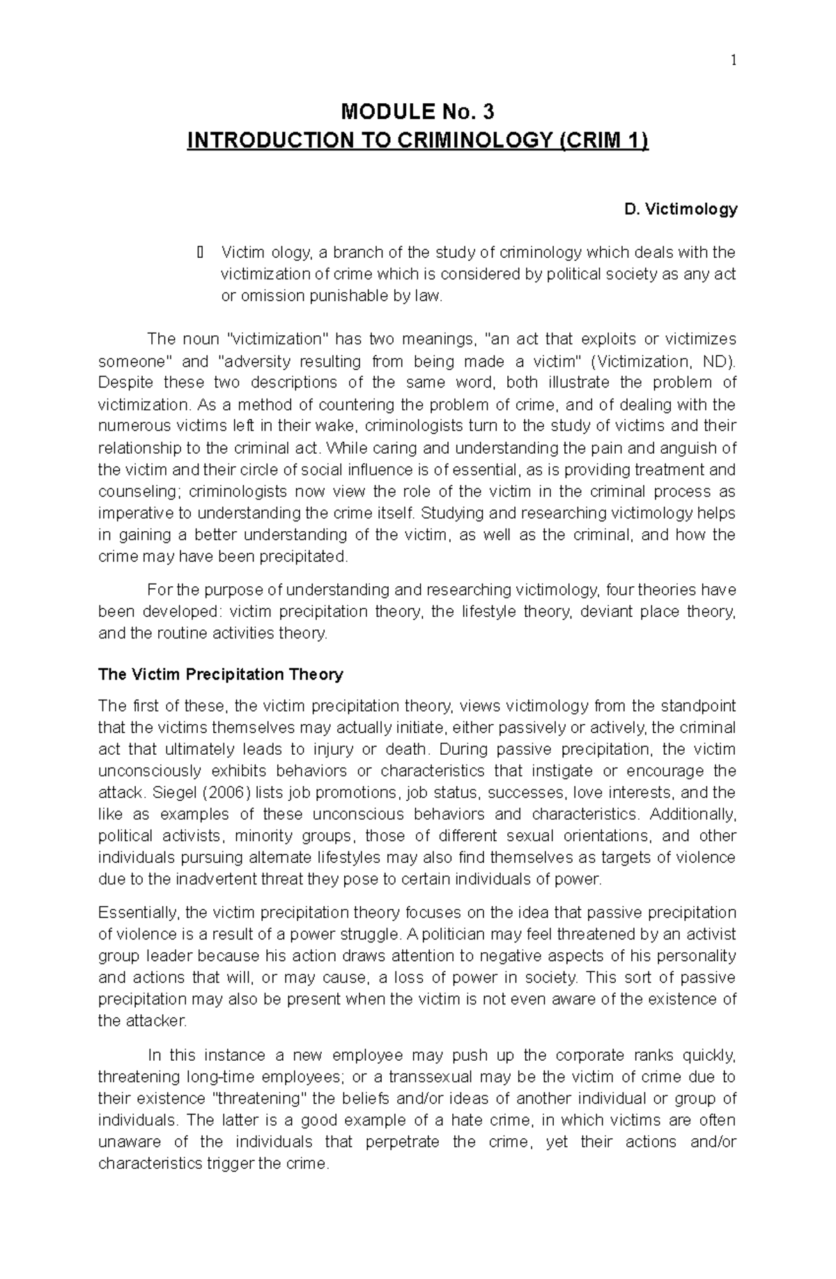 Crim 1 - Notes - MODULE No. 3 INTRODUCTION TO CRIMINOLOGY (CRIM 1) D ...
