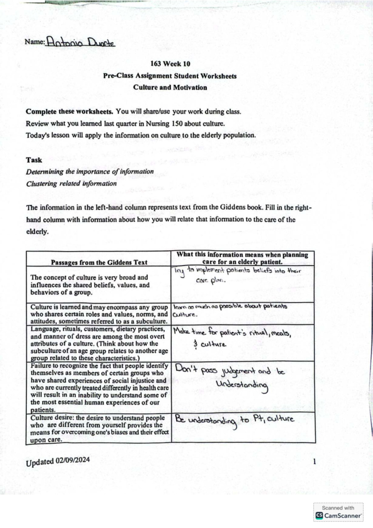 NUR 163 Week 10 Pre-Class Assignment: Culture & Motivation in Elderly ...