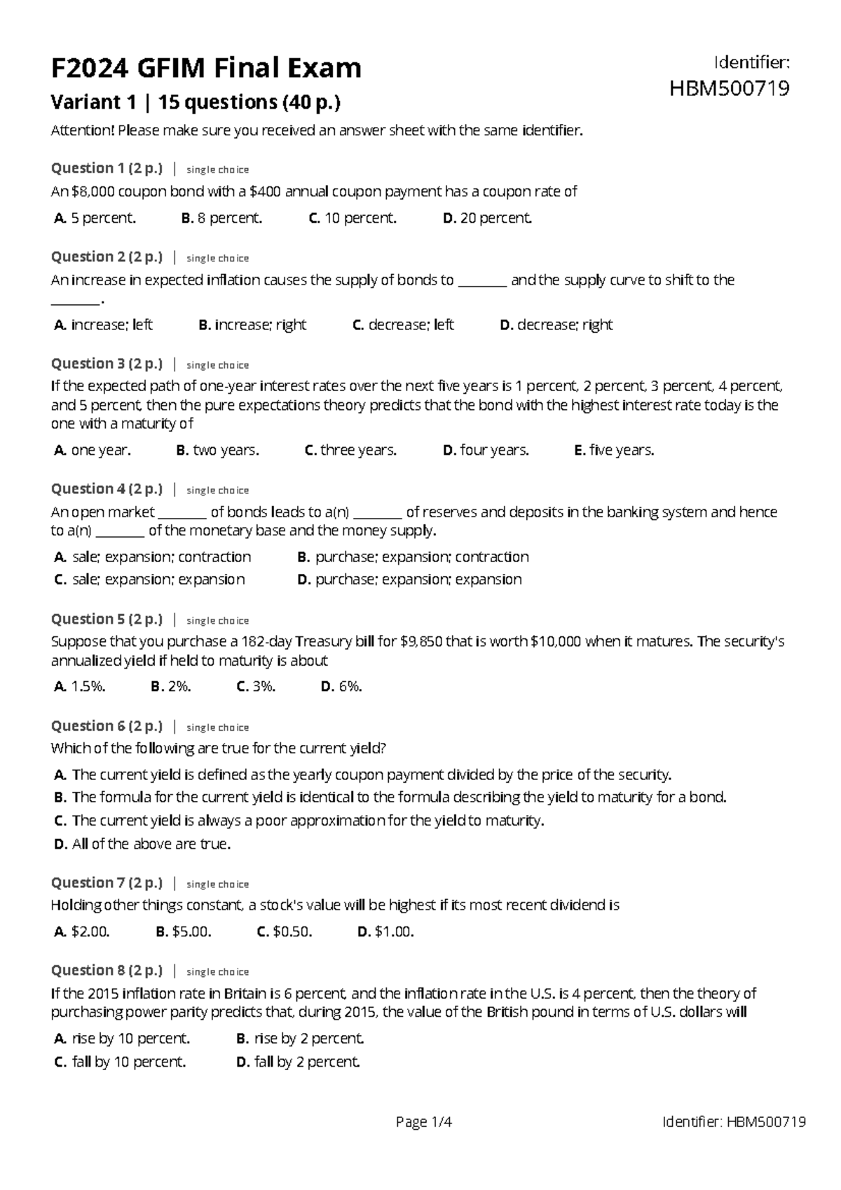 F2024 GFIM Final Exam Questions & Answers (Variant 1) - Studocu