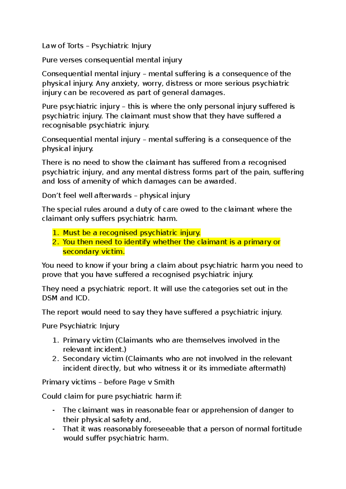 Law of Torts: Psychiatric Injury - Pure vs. Consequential Mental Injury ...