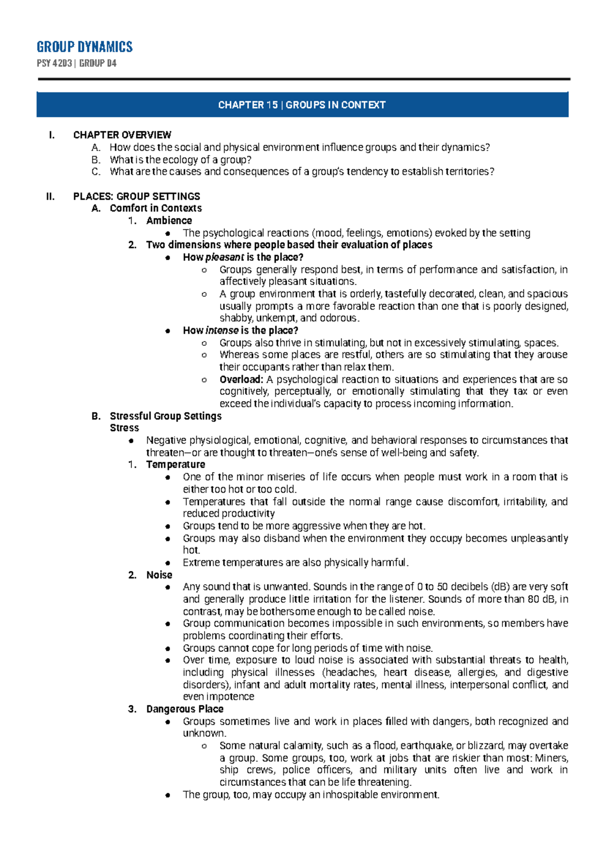 GROUP DYNAMICS PSY 4203 LECTURE NOTES: CHAPTER 15 OVERVIEW OF GROUPS IN ...