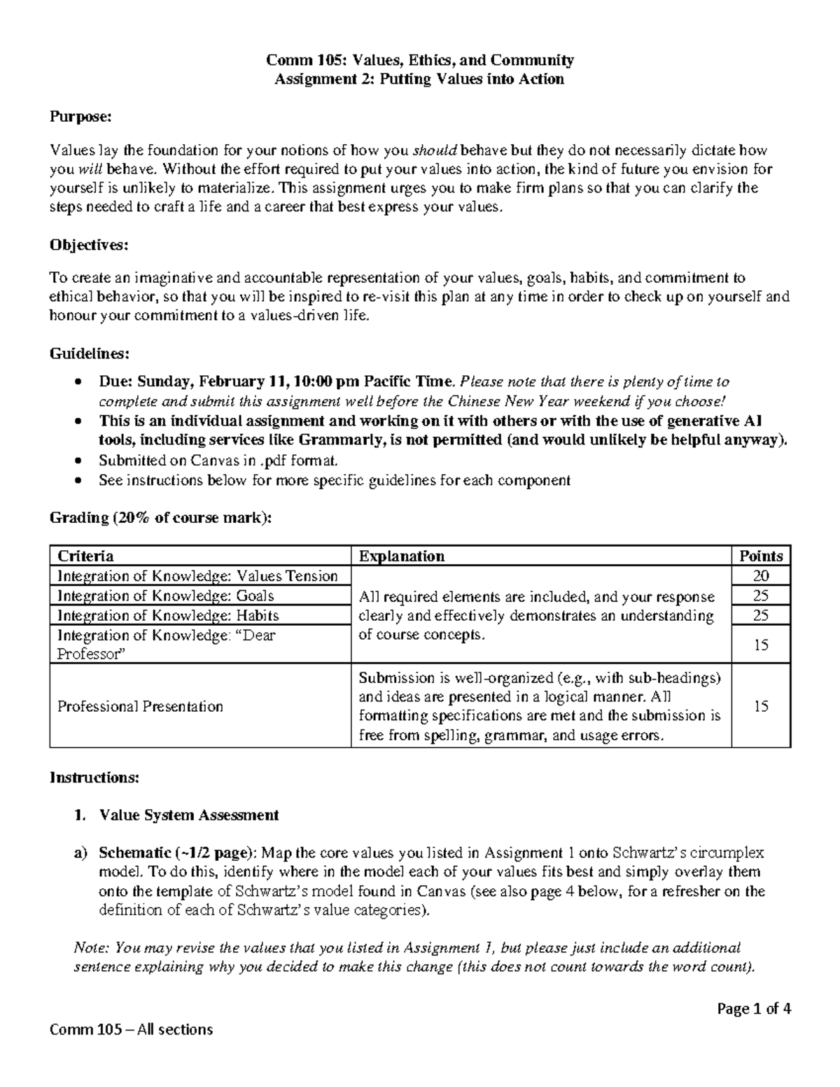 Assignment 2 - Putting Values into Action - 2024 - Page 1 of 4 Comm 105 ...