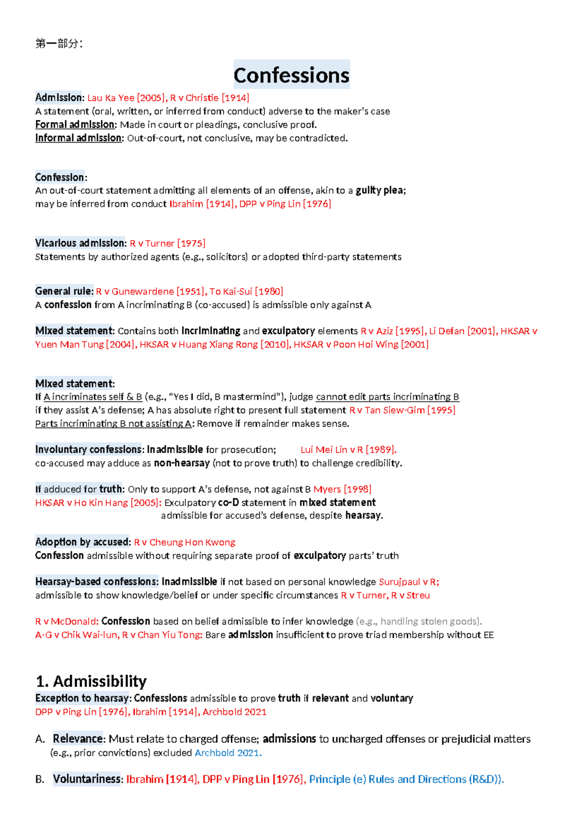 Evidence Law Notes: Confessions and Admissions (Course Code: LAW101 ...