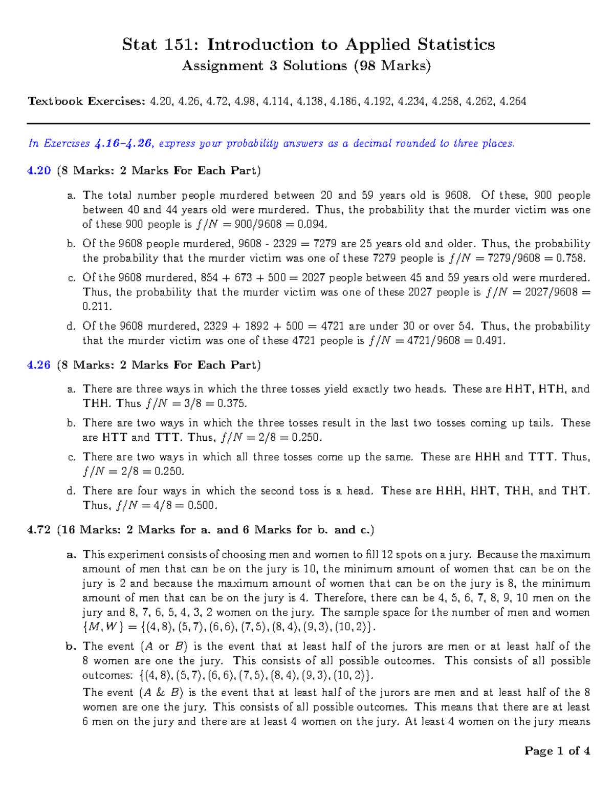 STAT151 A3 Solutions: Textbook Exercises and Probabilities - Studocu