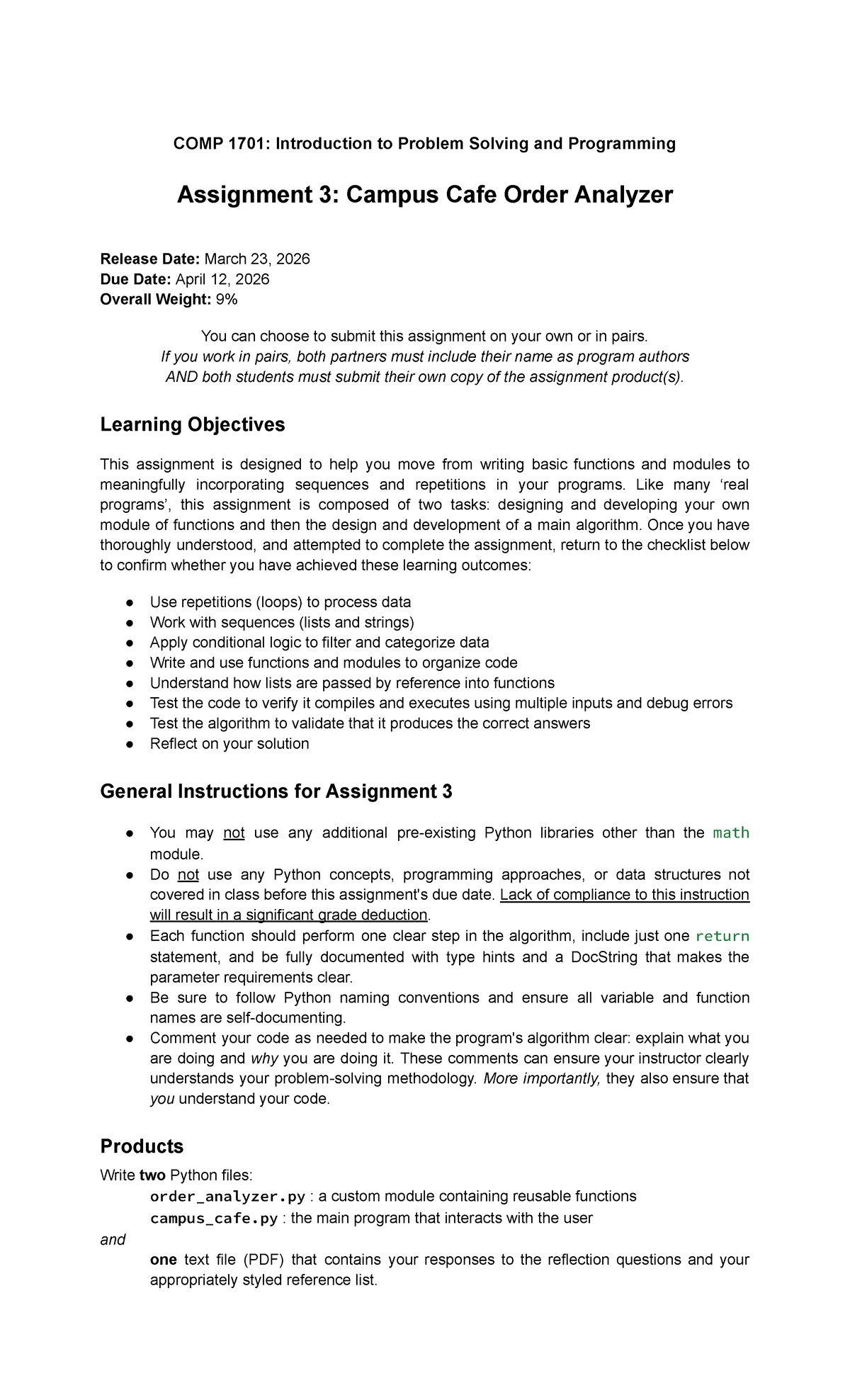 COMP 1701: Assignment 3 - Campus Cafe Order Analyzer Guide - Studocu