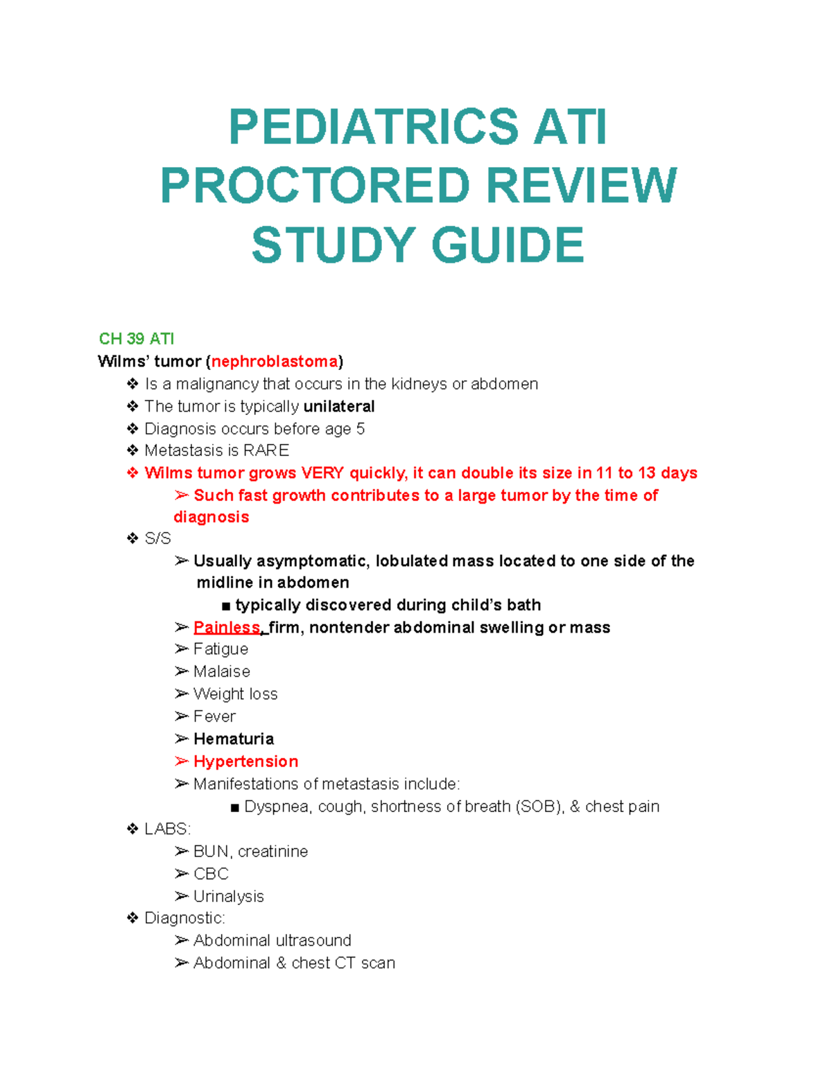 Pediatrics ATI Study Guide: Wilms' Tumor and Blood Neoplasms - Studocu